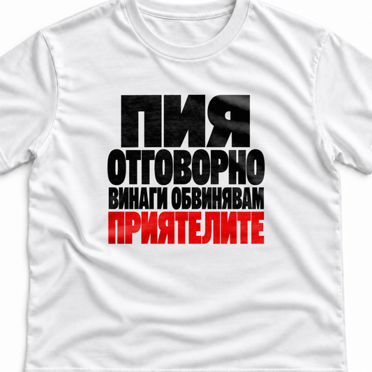 Тениска с надпис Пия отговорно. Винаги обвинявам приятелите.